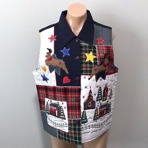 Reversal USA Quilted Christmas Vest Reindeer Plaid Snow Holiday Village Kitsch